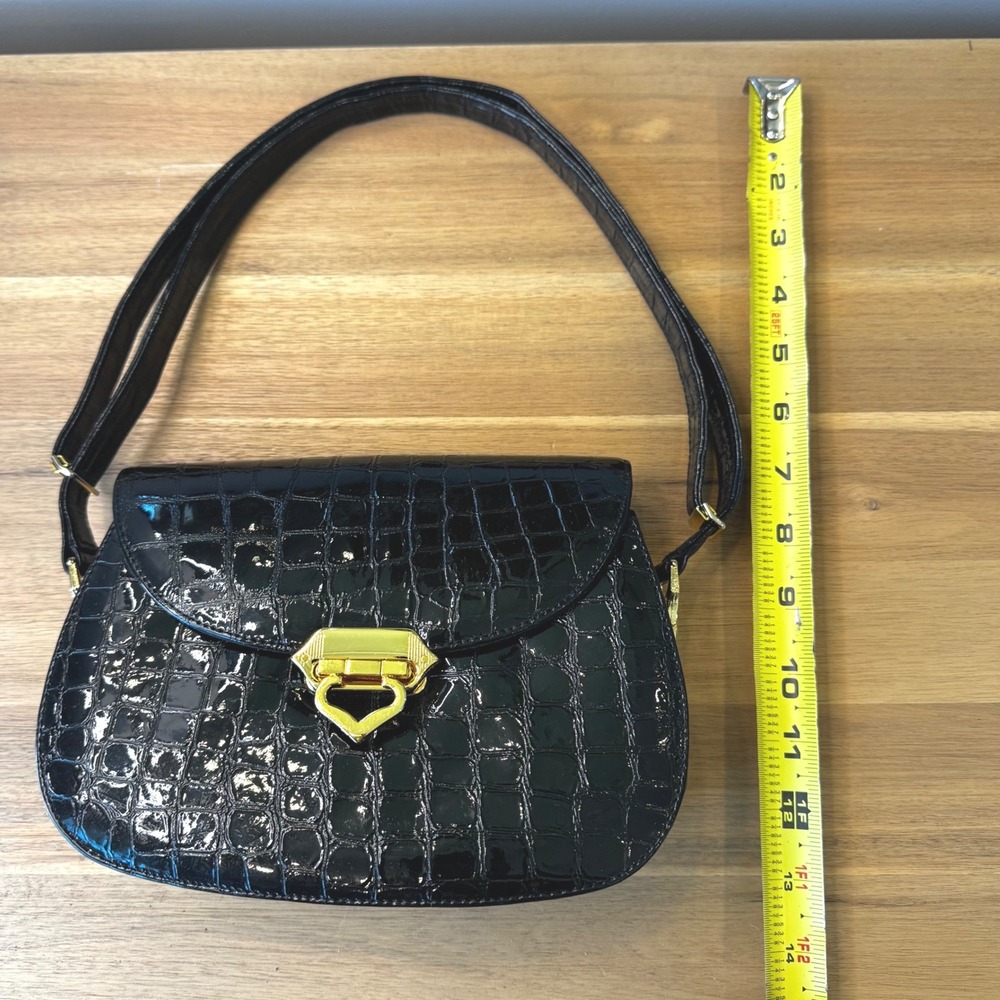 Ashneil Vintage Black Croc Embossed Patent Leather Crossbody Bag Gold Heart Lock - Picture 12 of 16